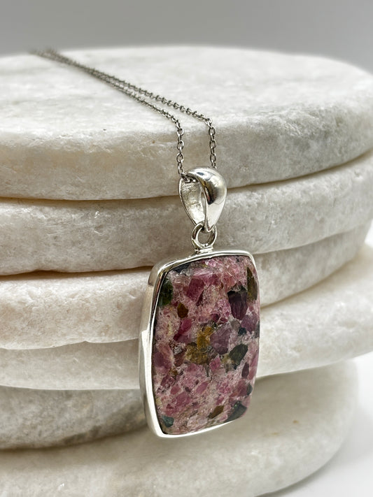 925 Sterling Silver Large Mosaic Pink Tourmaline Pendant on 45cm Chain