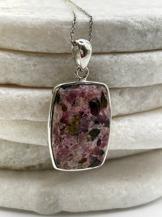 925 Sterling Silver Large Mosaic Pink Tourmaline Pendant on 45cm Chain