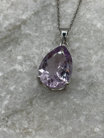 925 Sterling Silver Amethyst Teardrop Shaped Pendant on 45cm Chain