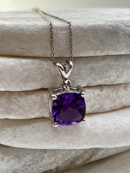 925 Sterling Silver Amethyst Square Pendant on 45cm Chain