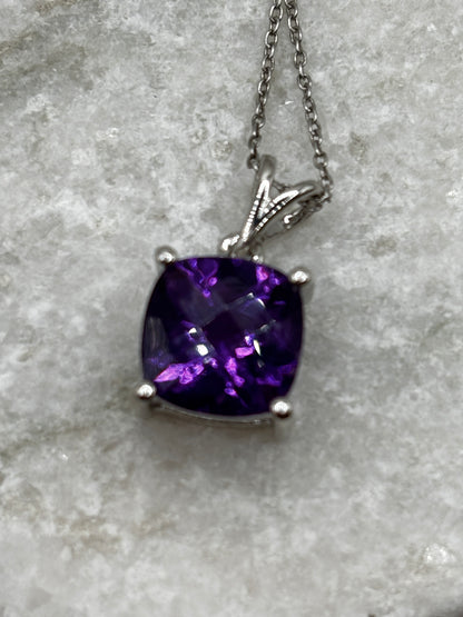 925 Sterling Silver Amethyst Square Pendant on 45cm Chain