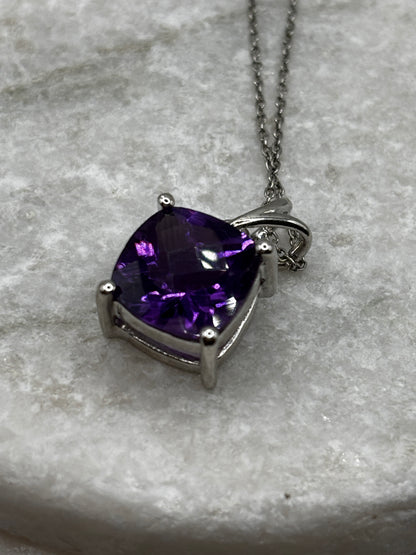 925 Sterling Silver Amethyst Square Pendant on 45cm Chain