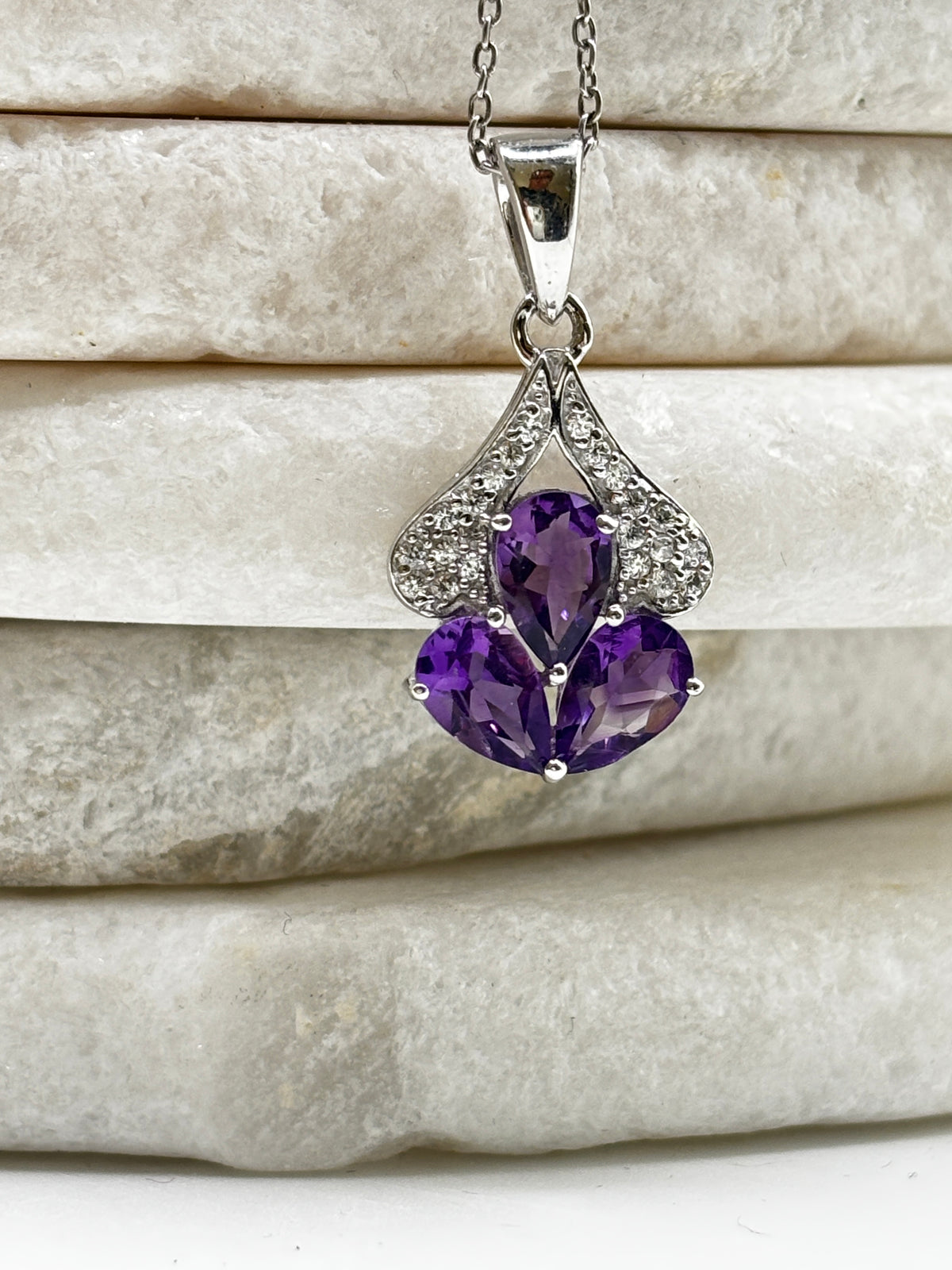 925 Sterling Silver Amethyst And Diamond Teardrop Pendant on 45cm Chain