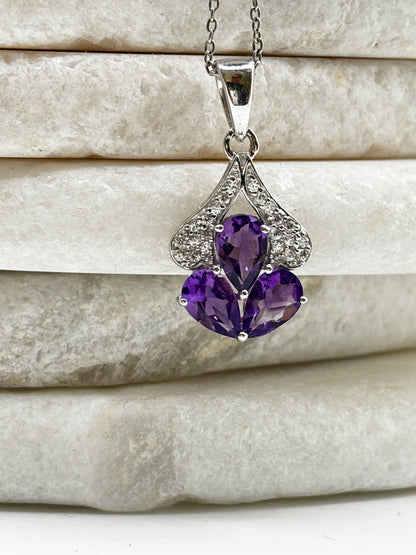 925 Sterling Silver Amethyst And Diamond Teardrop Pendant on 45cm Chain