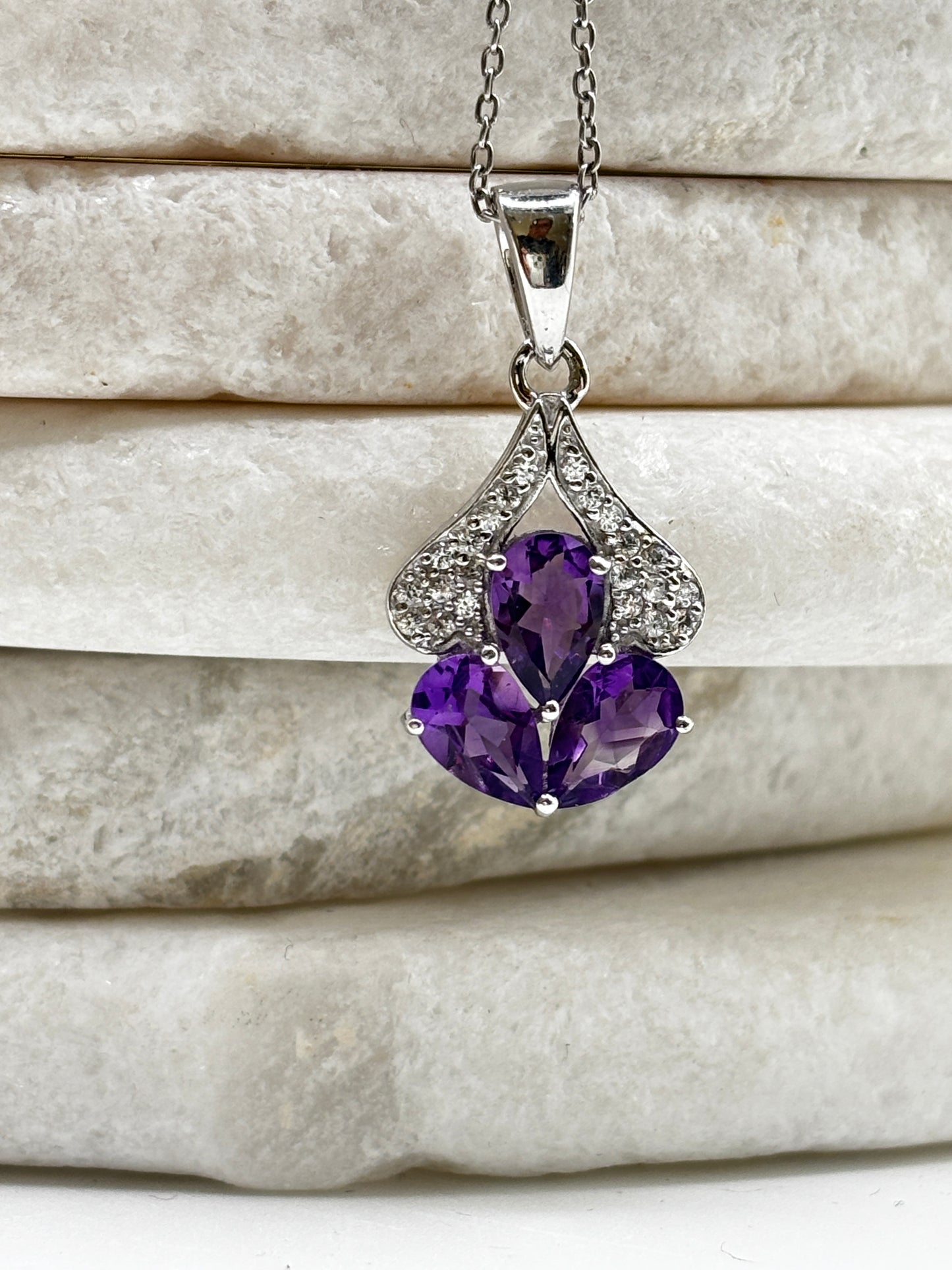 925 Sterling Silver Amethyst And Diamond Teardrop Pendant on 45cm Chain