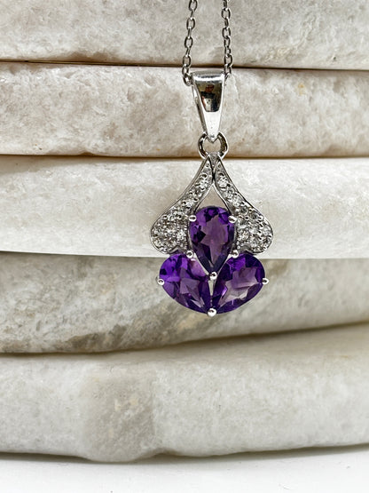 925 Sterling Silver Amethyst And Diamond Teardrop Pendant on 45cm Chain