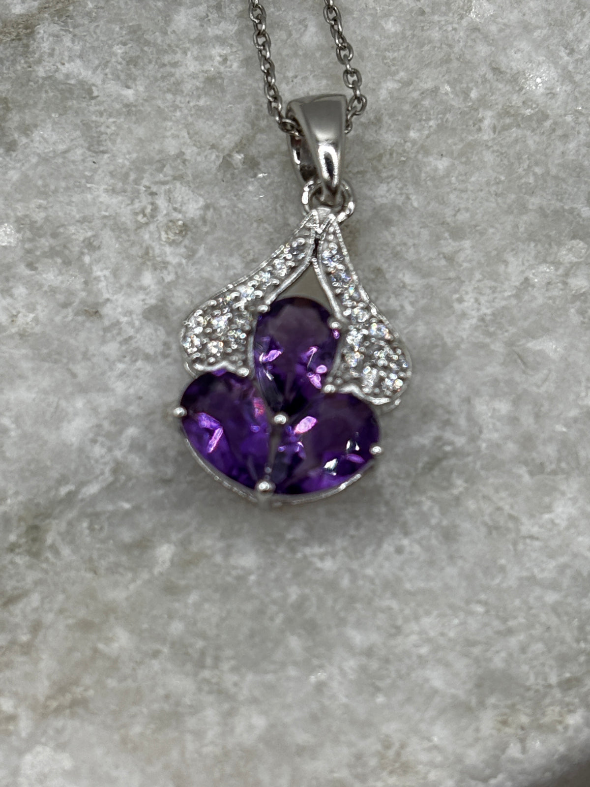 925 Sterling Silver Amethyst And Diamond Teardrop Pendant on 45cm Chain