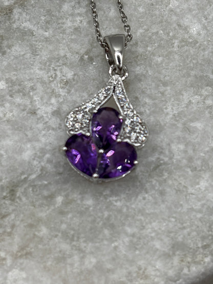 925 Sterling Silver Amethyst And Diamond Teardrop Pendant on 45cm Chain