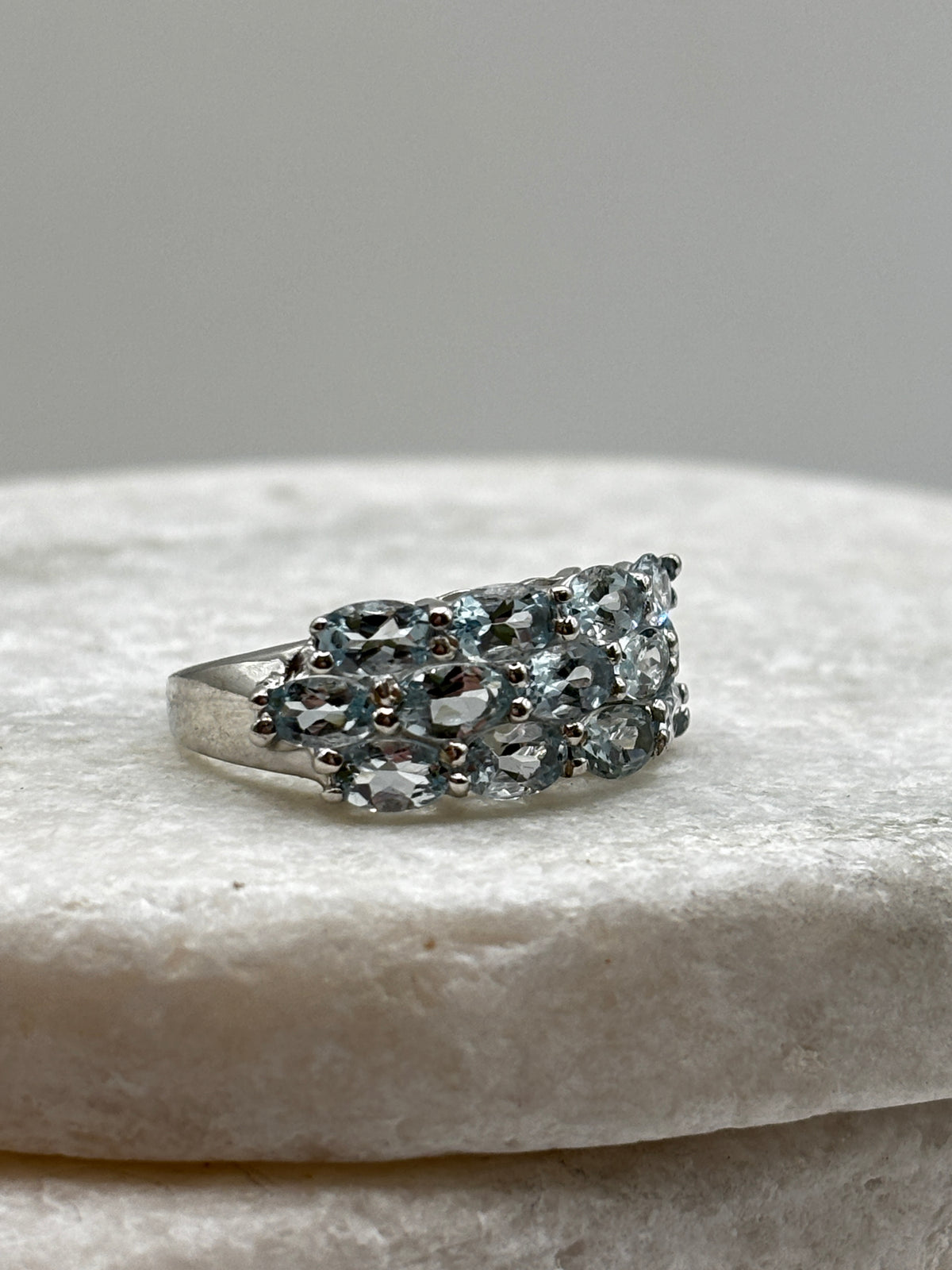 925 Sterling Silver Aquamarine Three Row Cluster Ring - Size