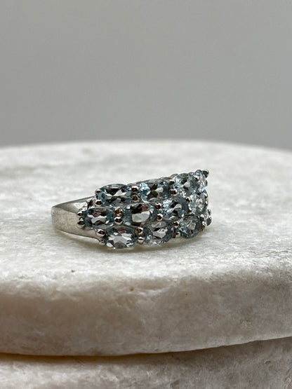 925 Sterling Silver Aquamarine Three Row Cluster Ring - Size
