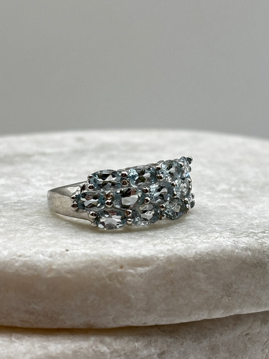 925 Sterling Silver Aquamarine Three Row Cluster Ring - Size