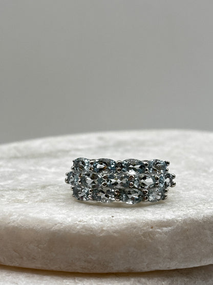 925 Sterling Silver Aquamarine Three Row Cluster Ring - Size