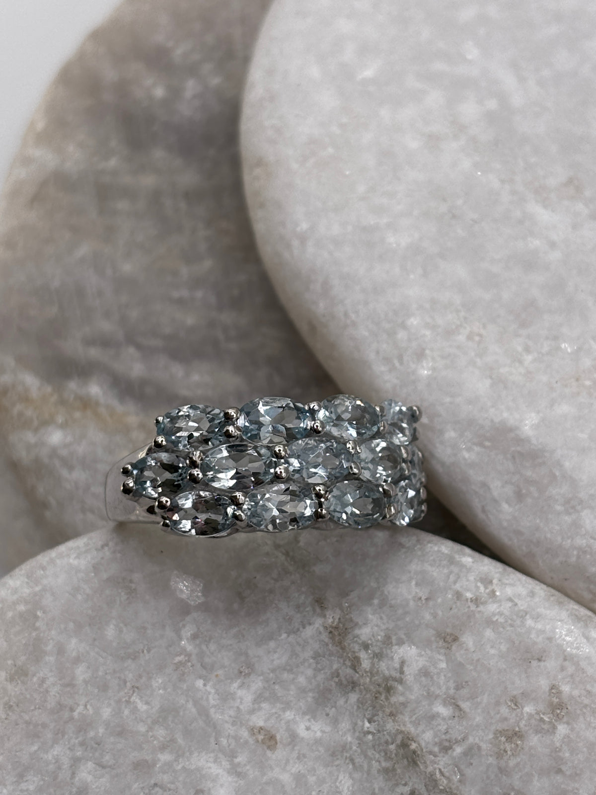925 Sterling Silver Aquamarine Three Row Cluster Ring - Size