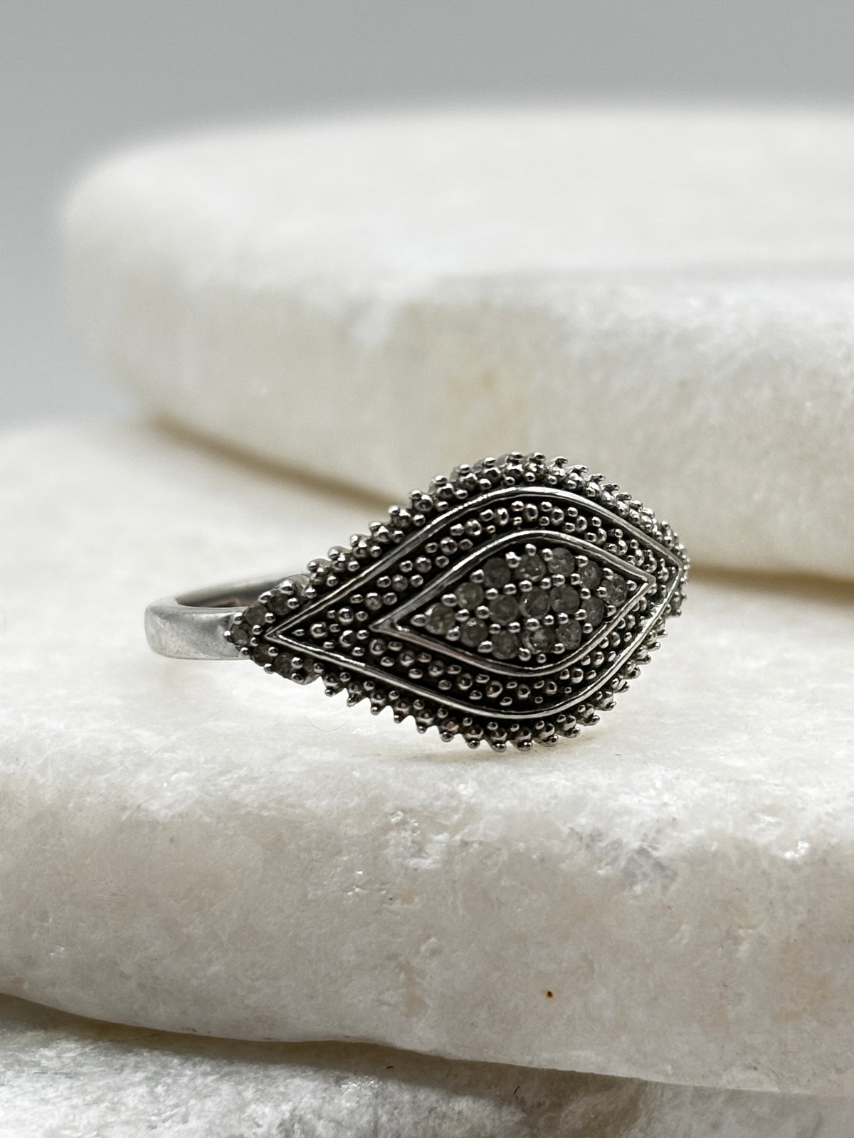 925 Sterling Silver Diamond Set Marquise Shaped Ring - Size Q