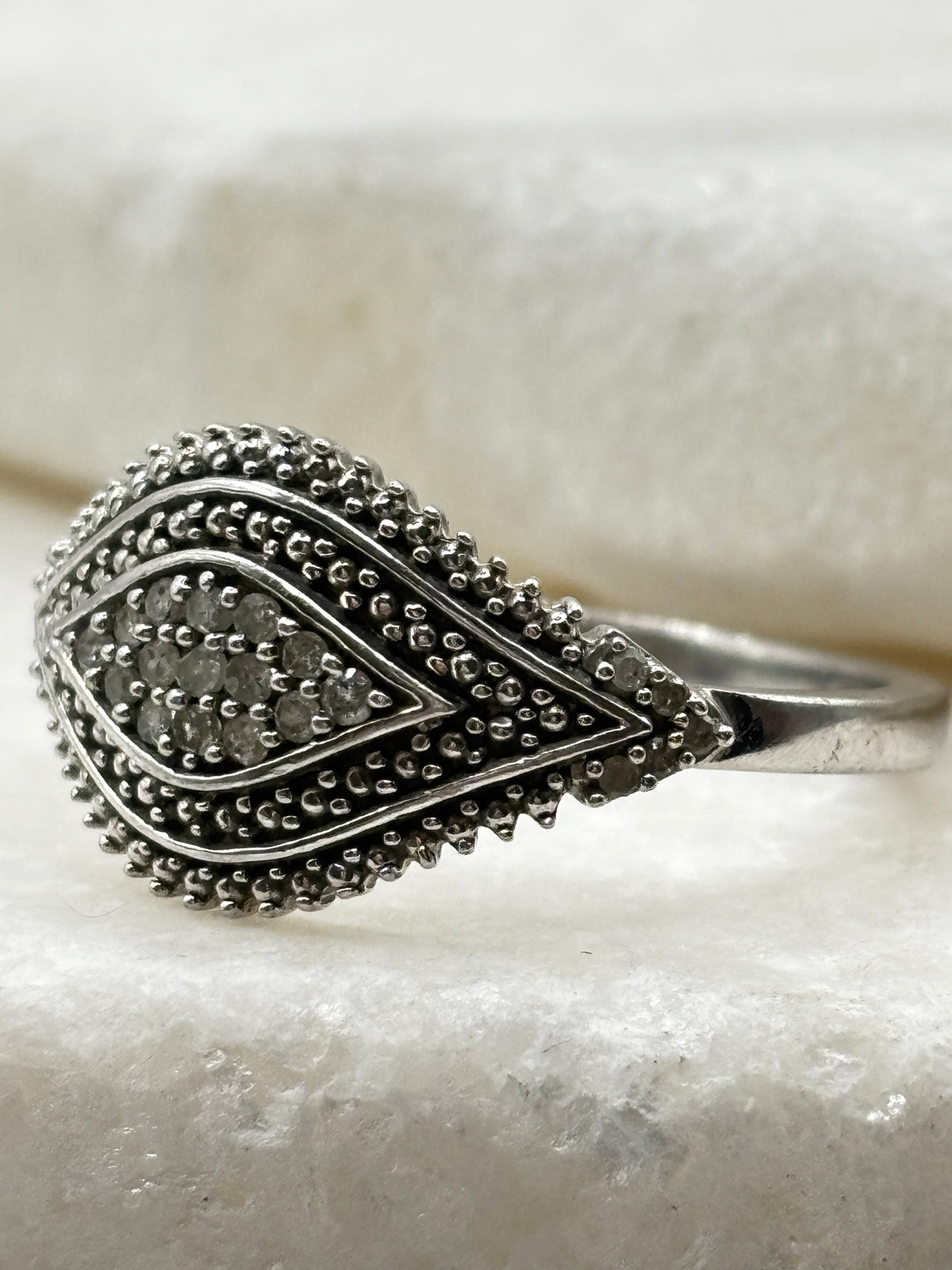 925 Sterling Silver Diamond Set Marquise Shaped Ring - Size Q