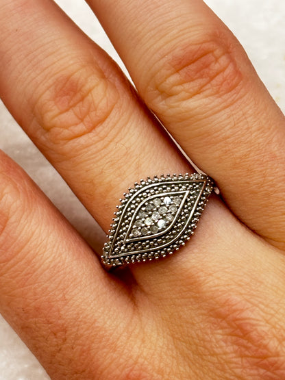 925 Sterling Silver Diamond Set Marquise Shaped Ring - Size Q