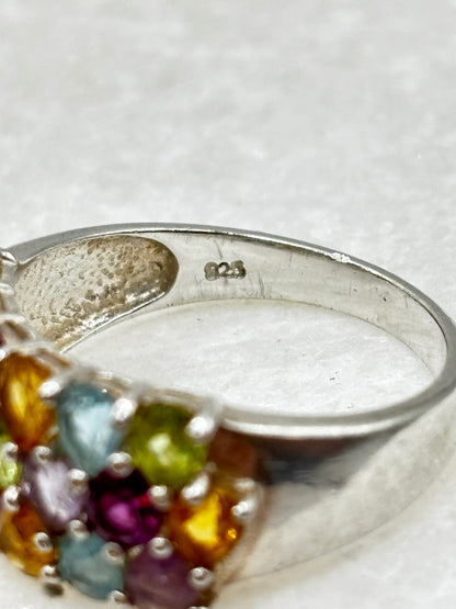 925 Sterling Silver Gem Set Cluster Ring with Amethyst, Topaz, Garnet, Citrine, Peridot - Size Q.5