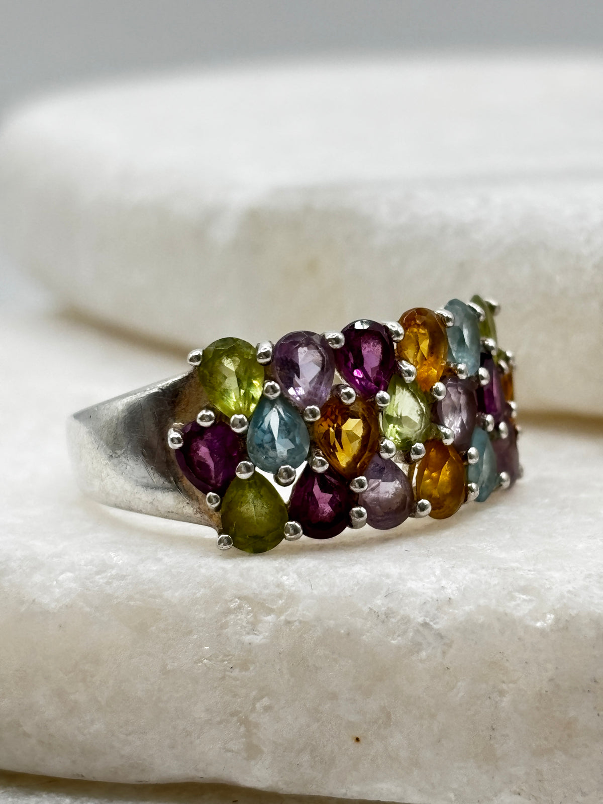 925 Sterling Silver Gem Set Cluster Ring with Amethyst, Topaz, Garnet, Citrine, Peridot - Size Q.5