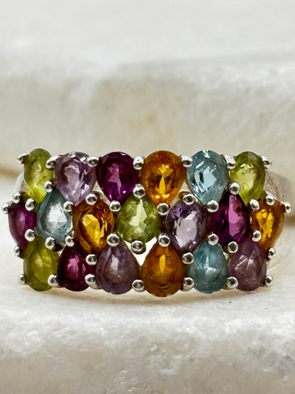 925 Sterling Silver Gem Set Cluster Ring with Amethyst, Topaz, Garnet, Citrine, Peridot - Size Q.5