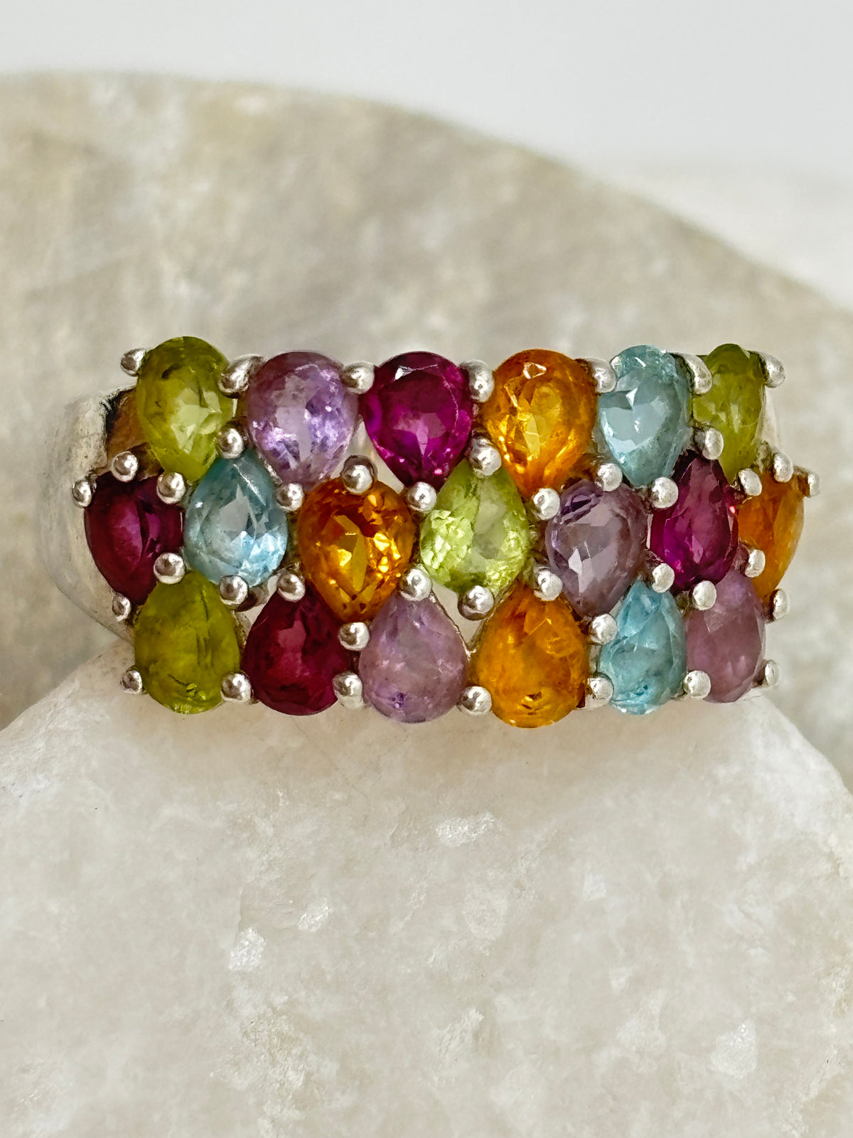 925 Sterling Silver Gem Set Cluster Ring with Amethyst, Topaz, Garnet, Citrine, Peridot - Size Q.5