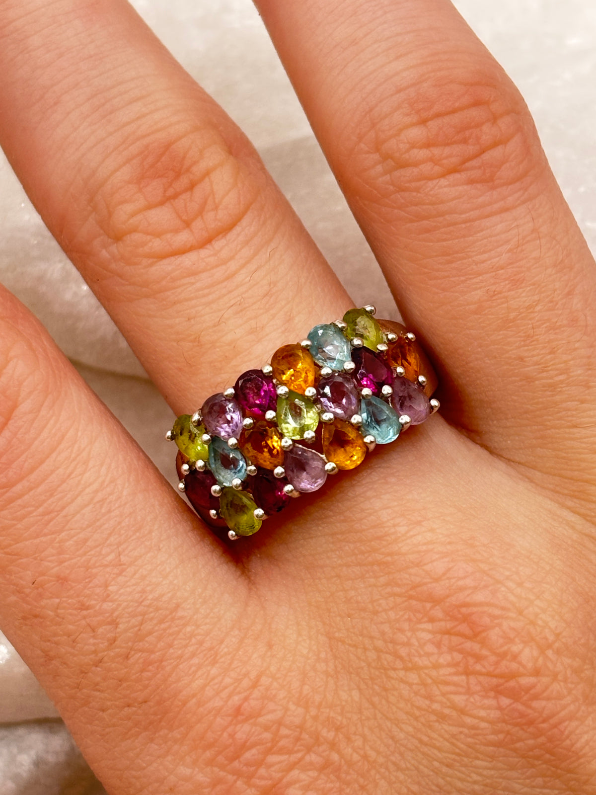 925 Sterling Silver Gem Set Cluster Ring with Amethyst, Topaz, Garnet, Citrine, Peridot - Size Q.5