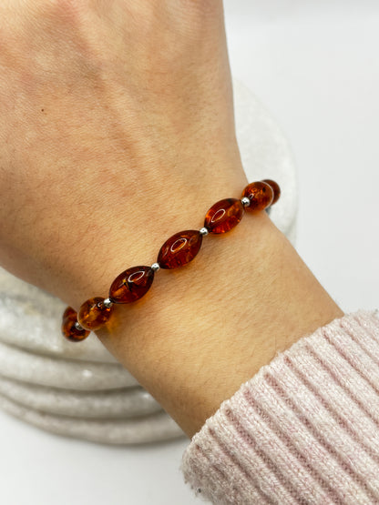 925 Sterling Silver Oval Amber Bracelet - 19cm