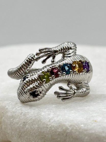 925 Sterling Silver Slinky Lizard Gemstone Ring with Peridot, Garnet, Topaz, Citrine and Amethyst Stones - Size N.5