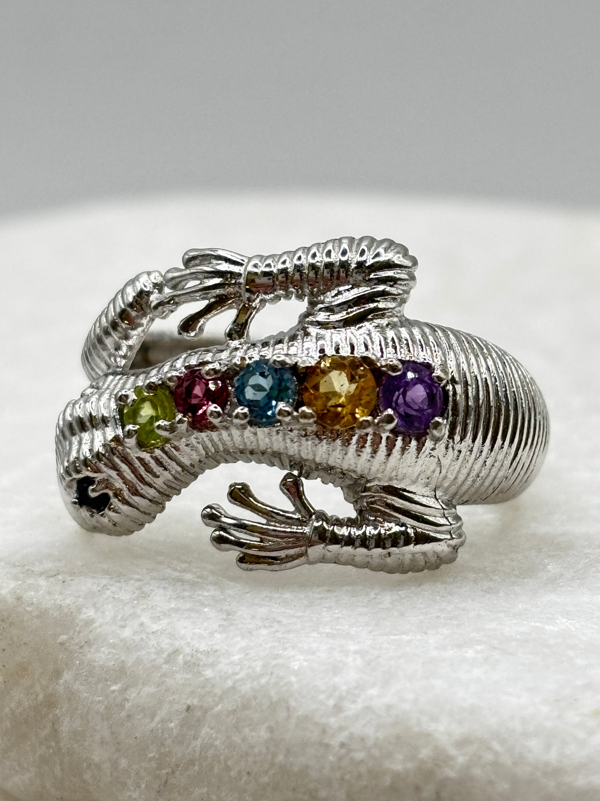 925 Sterling Silver Slinky Lizard Gemstone Ring with Peridot, Garnet, Topaz, Citrine and Amethyst Stones - Size N.5