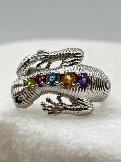 925 Sterling Silver Slinky Lizard Gemstone Ring with Peridot, Garnet, Topaz, Citrine and Amethyst Stones - Size N.5