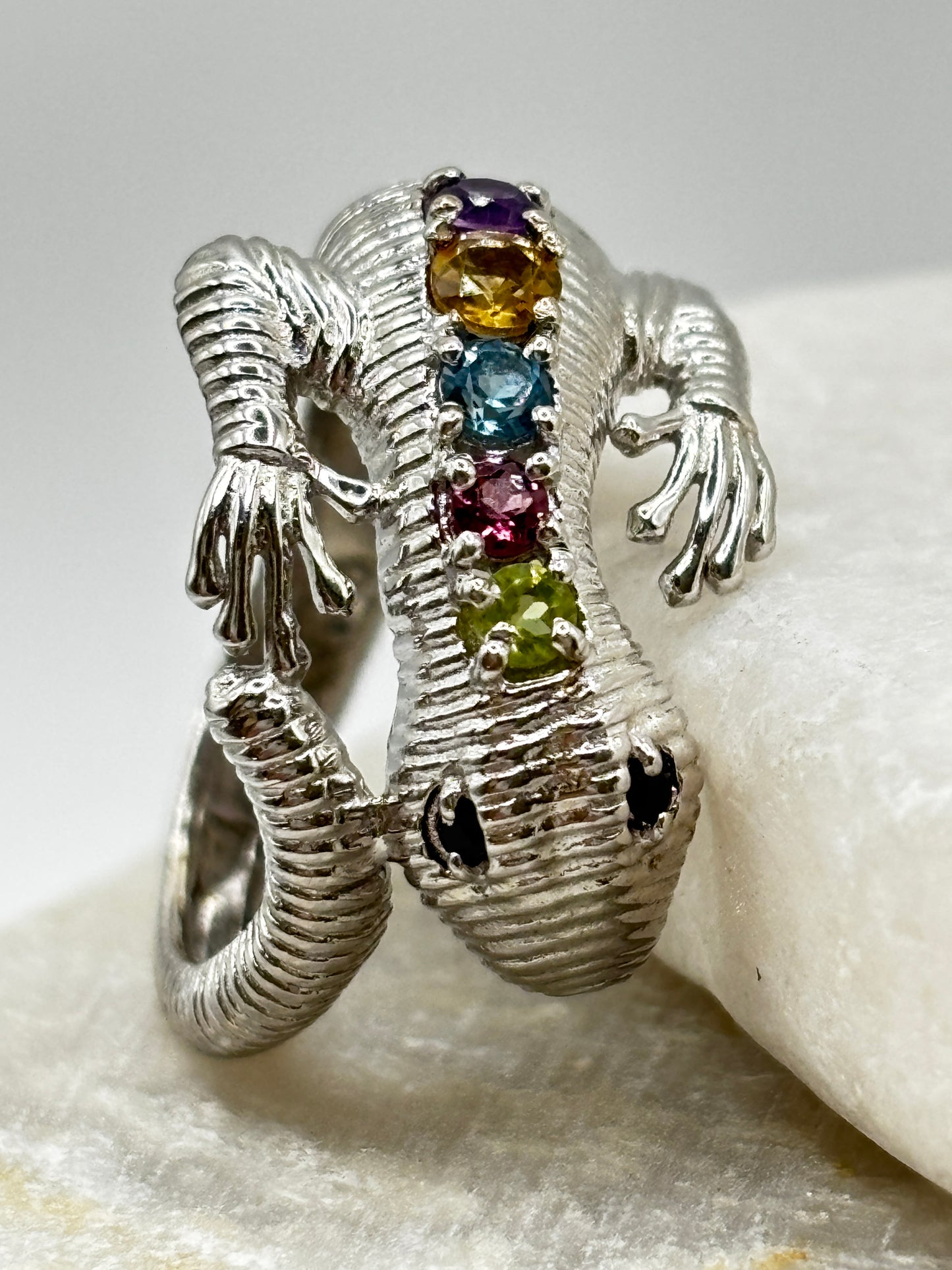 925 Sterling Silver Slinky Lizard Gemstone Ring with Peridot, Garnet, Topaz, Citrine and Amethyst Stones - Size N.5