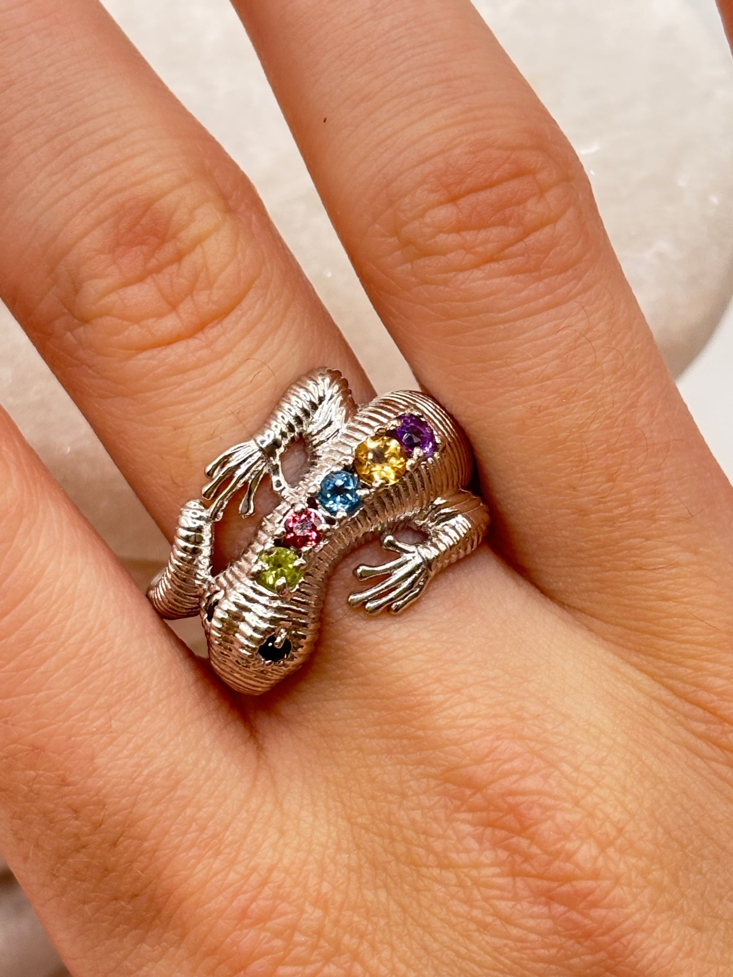 925 Sterling Silver Slinky Lizard Gemstone Ring with Peridot, Garnet, Topaz, Citrine and Amethyst Stones - Size N.5