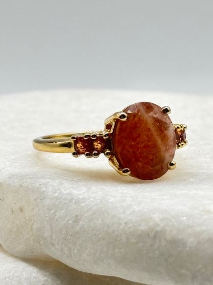 925 Sterling Silver Gilded Strawberry Quartz & Madeira Garnet Statement Ring - Size O