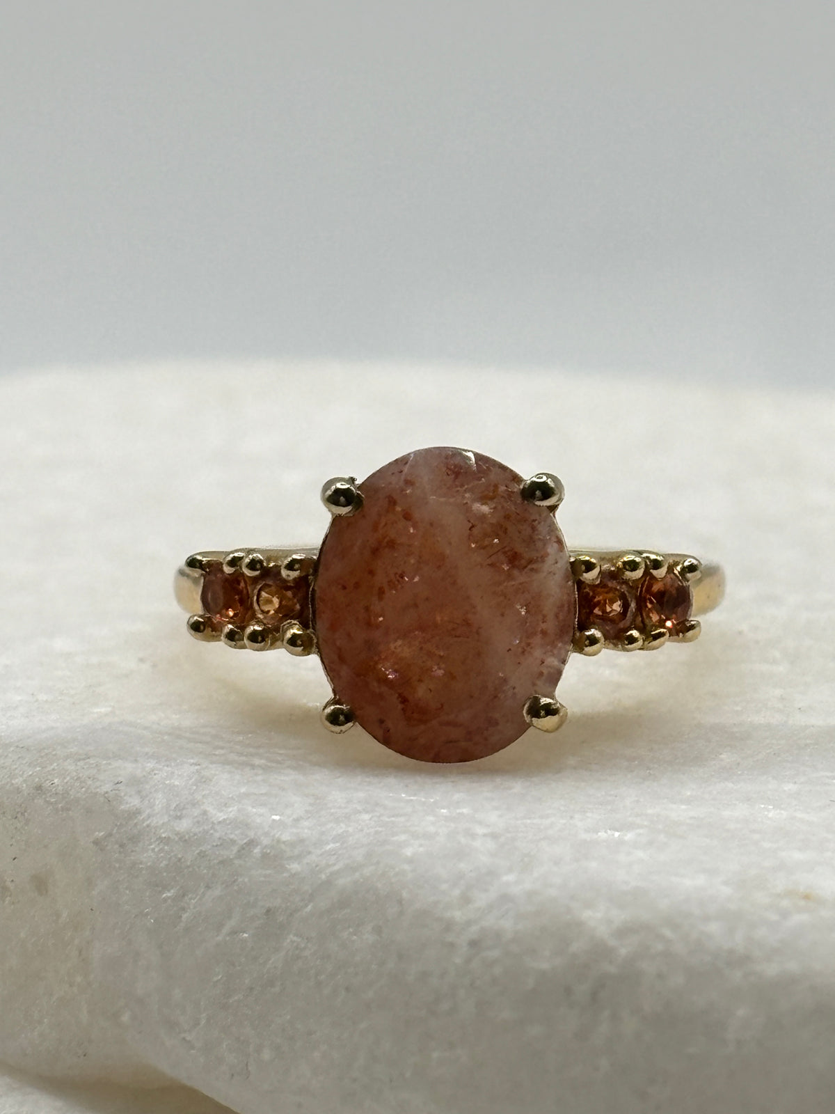 925 Sterling Silver Gilded Strawberry Quartz & Madeira Garnet Statement Ring - Size O