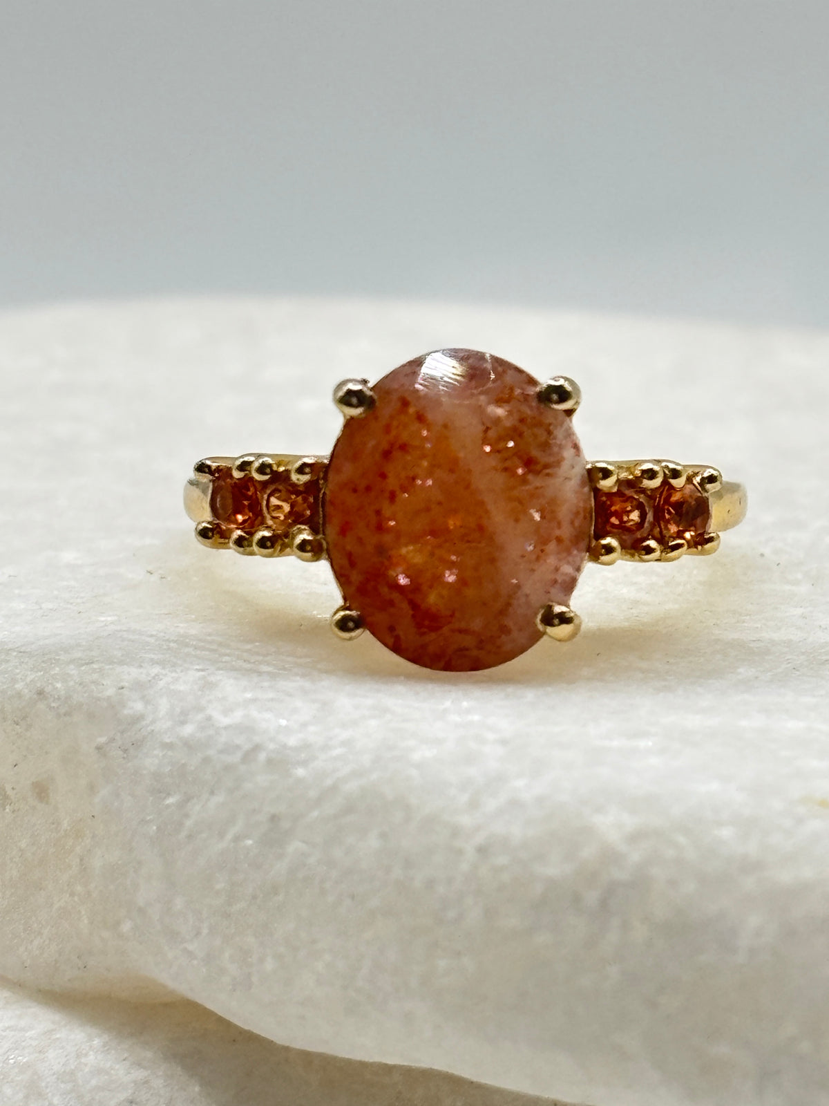 925 Sterling Silver Gilded Strawberry Quartz & Madeira Garnet Statement Ring - Size O