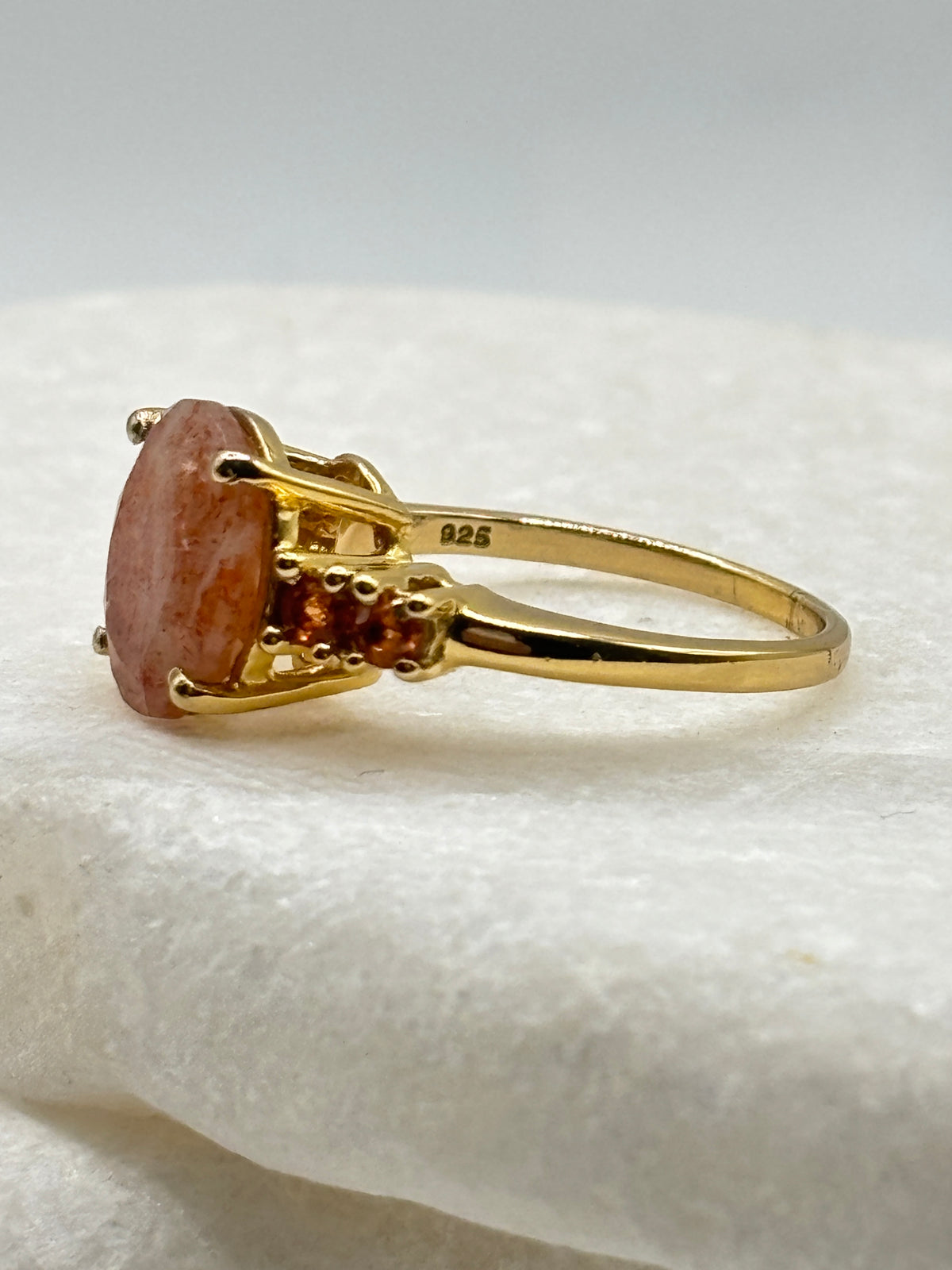 925 Sterling Silver Gilded Strawberry Quartz & Madeira Garnet Statement Ring - Size O