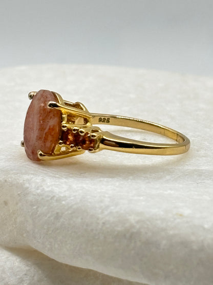 925 Sterling Silver Gilded Strawberry Quartz & Madeira Garnet Statement Ring - Size O