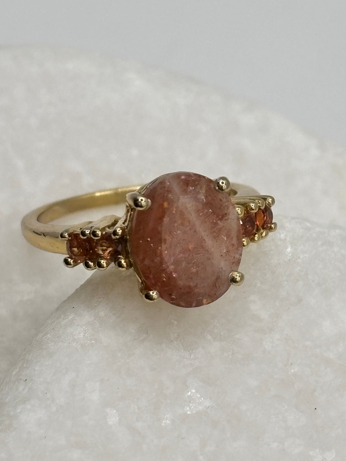 925 Sterling Silver Gilded Strawberry Quartz & Madeira Garnet Statement Ring - Size O