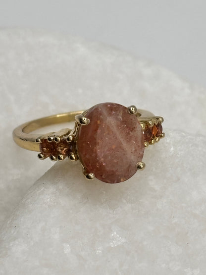 925 Sterling Silver Gilded Strawberry Quartz & Madeira Garnet Statement Ring - Size O