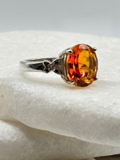 925 Sterling Silver Padparadscha Quartz & Diamond Statement Ring - Size O