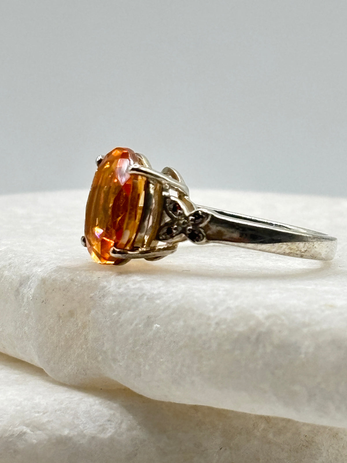 925 Sterling Silver Padparadscha Quartz & Diamond Statement Ring - Size O