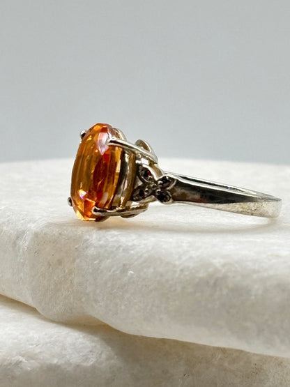 925 Sterling Silver Padparadscha Quartz & Diamond Statement Ring - Size O