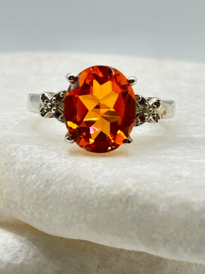 925 Sterling Silver Padparadscha Quartz & Diamond Statement Ring - Size O