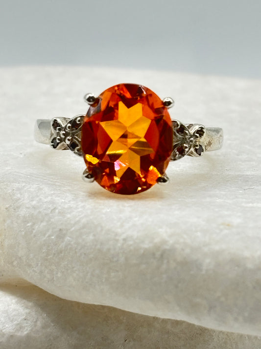 925 Sterling Silver Padparadscha Quartz & Diamond Statement Ring - Size O