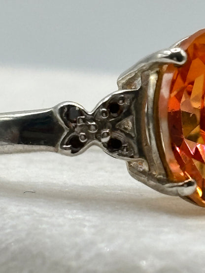 925 Sterling Silver Padparadscha Quartz & Diamond Statement Ring - Size O