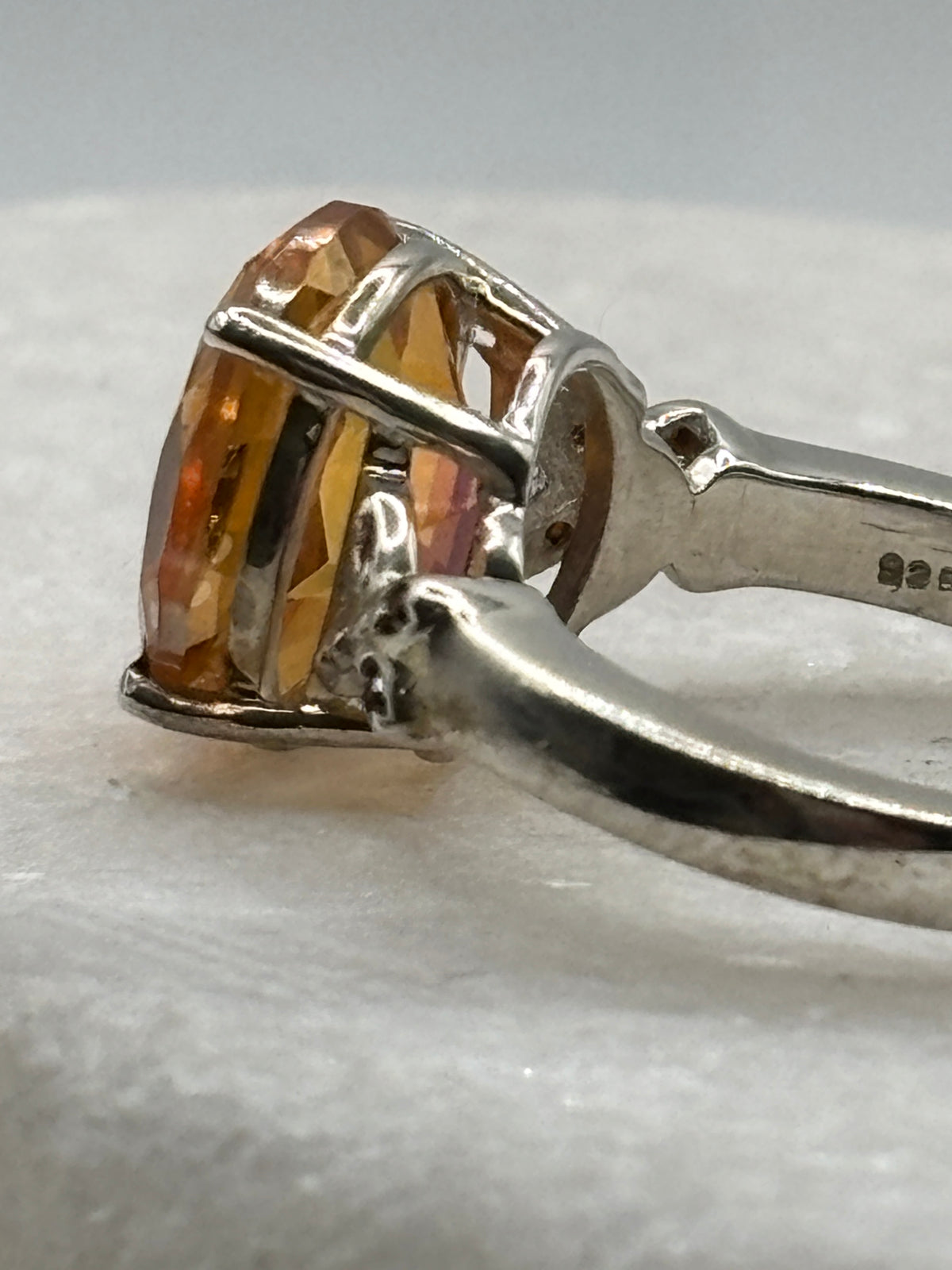 925 Sterling Silver Padparadscha Quartz & Diamond Statement Ring - Size O