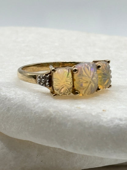 925 Sterling Silver Gilded Floral Carved Opal and White Topaz Trilogy Ring - Size S