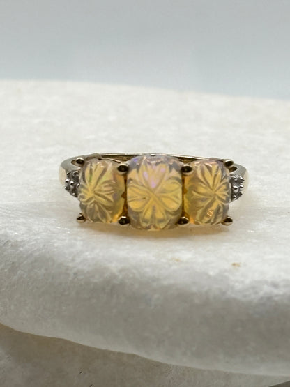 925 Sterling Silver Gilded Floral Carved Opal and White Topaz Trilogy Ring - Size S