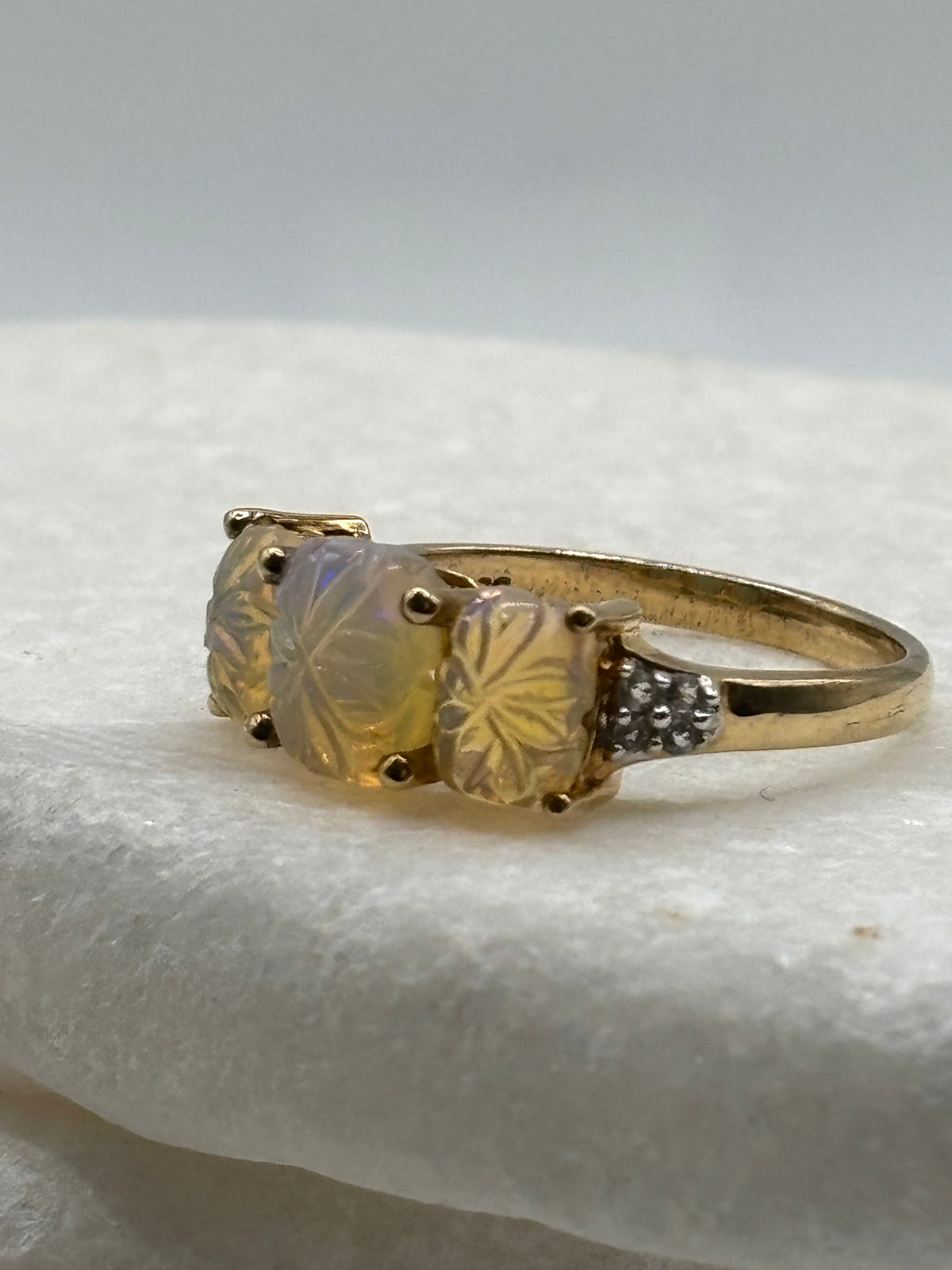 925 Sterling Silver Gilded Floral Carved Opal and White Topaz Trilogy Ring - Size S