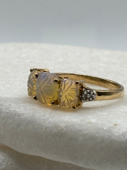 925 Sterling Silver Gilded Floral Carved Opal and White Topaz Trilogy Ring - Size S