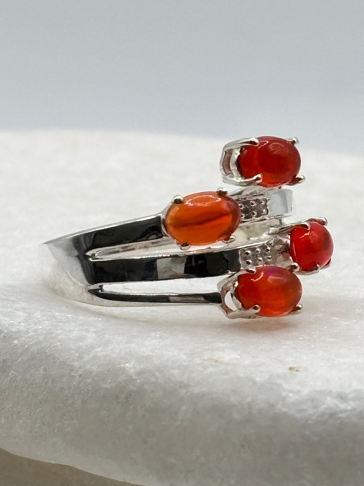 925 Sterling Silver Four Stone Fire Opal and Diamond Ring - Size S